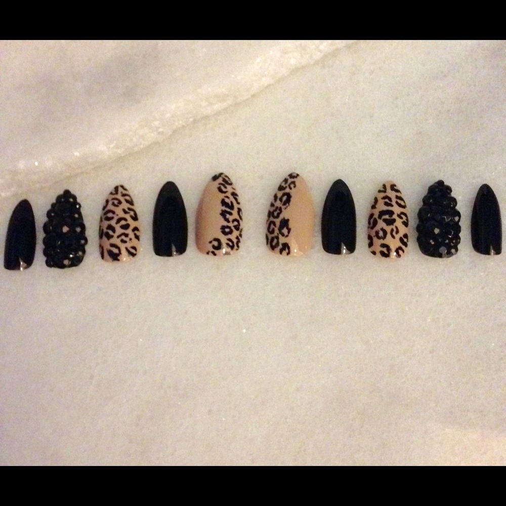 Leopard and Rhinestone nails